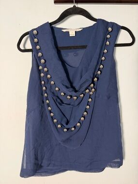 100% silk Diane Von Furstenberg Navy Beaded Drape Neck Sleeveless Top